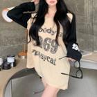 Long-sleeve Lettering T-shirt Black & Khaki - One Size