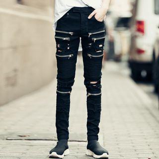 Distressed Zip Accent Skinny Jeans