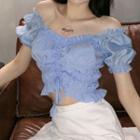 Drawstring Puff-sleeve Blouse Blue - One Size