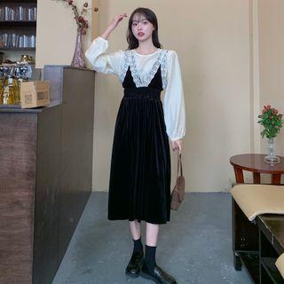 Set: Lace Trim Velvet Midi Overall Dress + Blouse