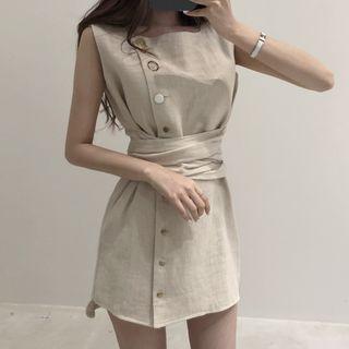 Sleeveless Tie-waist Buttoned Mini Dress