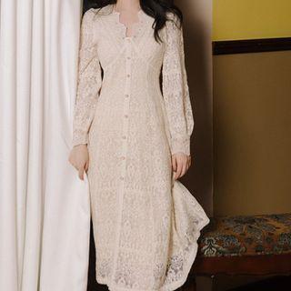 Long-sleeve Lace Midi Shirt Dress