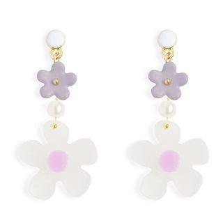 Resin Flower Dangle Earring 1 Pair - Purple & White - One Size