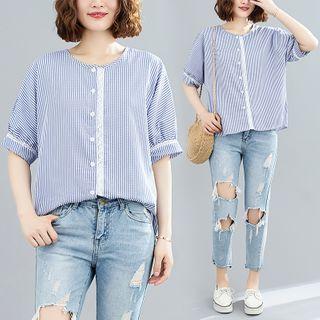 Striped Round-neck Semi Sleeve Jacket