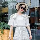 Elbow-sleeve Ruffled Patterned Collar T-shirt 93016 - White - One Size