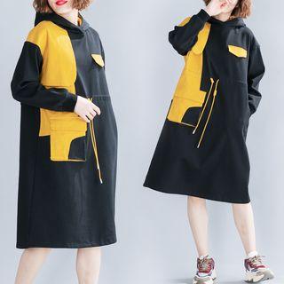 Color Block Long-sleeve Midi Dress Black - One Size