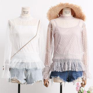 Mock-neck Sheer Dotted Mesh Top With Camisole