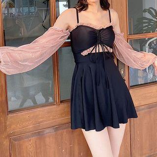 Set: Mesh Panel Cold-shoulder Swimdress + Shorts