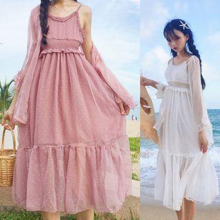 Spaghetti-strap A-line Midi Dress / Light Jacket