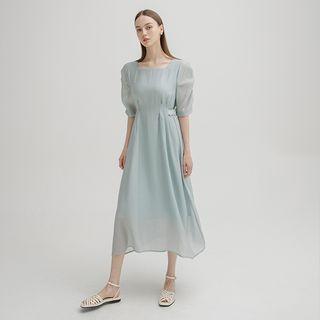 Shirred-sleeve Square-neck Long Dress