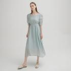 Shirred-sleeve Square-neck Long Dress