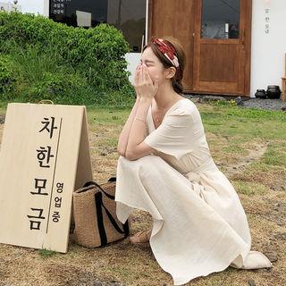 Tie-waist Linen Blend Dress Cream - One Size