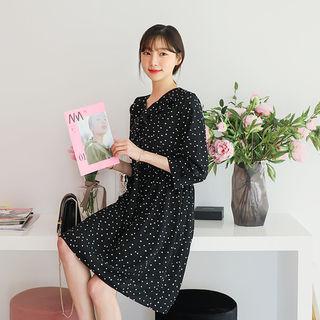 Gathered-waist Dot Chiffon Dress