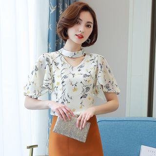 Cutout Print Short-sleeve Top