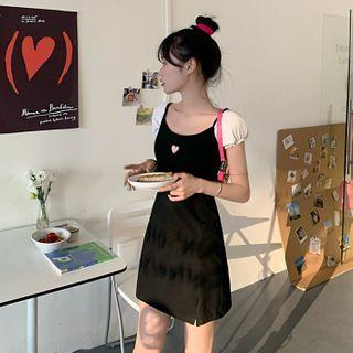 Puff-sleeve Heart Embroidered A-line Dress