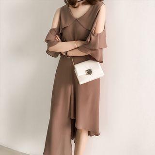 Set: Flounced 3/4 Sleeve Chiffon Top + Asymmetric Skirt