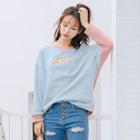 Color Block Printed Sweatshirt Grayish Blue & Pink - One Size