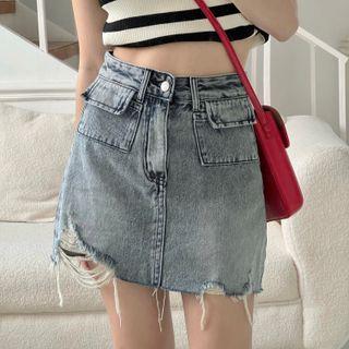 Plain Distressed Denim A-line Semi Mini Skirt