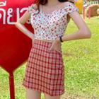 Off-shoulder Floral Print Blouse / Plaid A-line Skirt