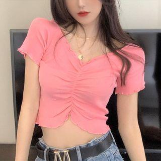 Short-sleeve Shirred Crop Top Pink - One Size