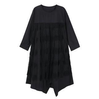 Long-sleeve Mesh Overlay Slit Midi A-line Dress Black - One Size