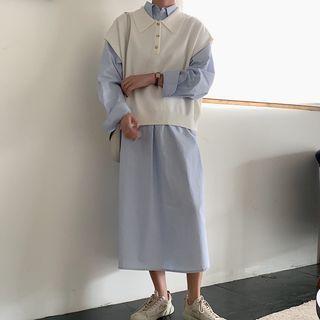 Plain Midi Shirt Dress / Polo Knit Vest