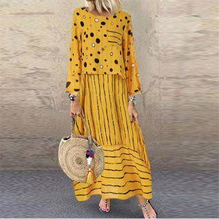Mock Two-piece Printed Long-sleeve Maxi Shift Dress