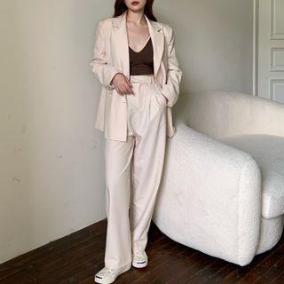 Plain Blazer / High-waist Straight Leg Dress Pants