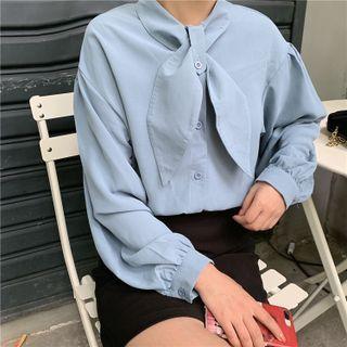 Plain Bow Accent Long-sleeve Shirt