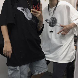 Couple Matching Elbow-sleeve Planet Print T-shirt
