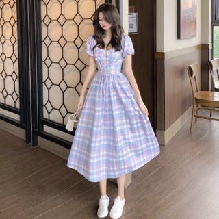 Puff-sleeve Plaid Tie-waist Dress