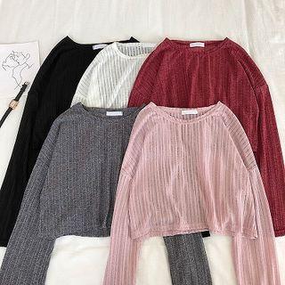 Plain Perforated Knit Long-sleeve Top