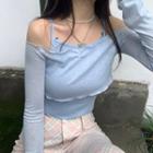 Plaid Boot-cut Pants / Cropped Camisole Top / Long-sleeve Off-shoulder T-shirt / Set