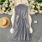 Small Stand-collar Faux Pearl Mesh Panel Knit Dress