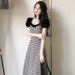 Puff Sleeve Velvet Panel Gingham A-line Dress