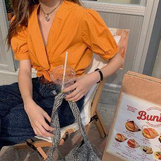 Puff-sleeve V-neck Twisted Blouse Pumpkin Yellow - One Size