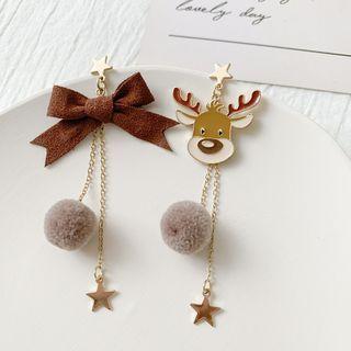 Christmas Deer Ribbon Pom Pom Asymmetrical Dangle Earring