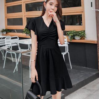Short-sleeve Ruffled Crinkled A-line Mini Dress