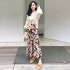 Plain Long-sleeve Knit Top / Floral Print Midi Skirt