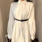 Set: Long-sleeve A-line Midi Shirtdress + Belt White - One Size