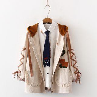 Bear Embroidered Single-breasted Hooded Jacket / Tie-neck Shirt