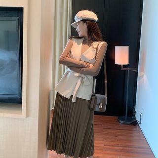 Set: Mock Neck Knit Top + Knit Vest + Pleated Midi Skirt