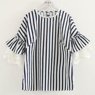 Lace Panel Striped Elbow-sleeve Top