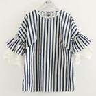 Lace Panel Striped Elbow-sleeve Top