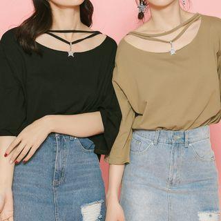 Rhinestone Star Pendant Strappy Elbow-sleeve T-shirt