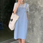 Short-sleeve Striped T-shirt / Midi Overall Dress