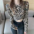 Long-sleeve Leopard Print Crop Top Black & Light Coffee - One Size
