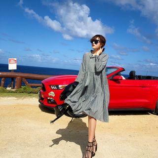 Houndstooth Tie-neck A-line Dress