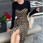 Mock Two-piece Long-sleeve Plaid Panel Slit Sheath Dress