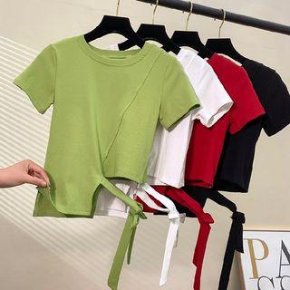 Short-sleeve Plain Cutout Drawstring T-shirt